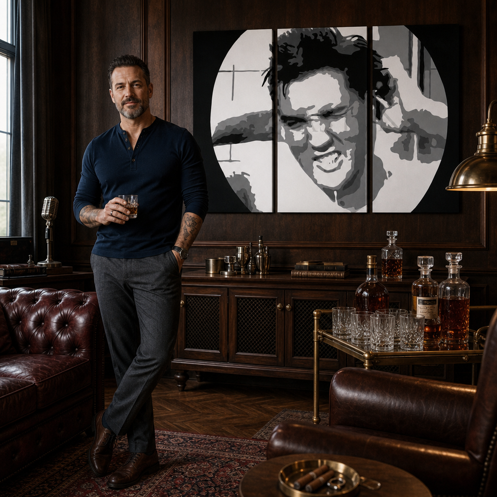 Kézzel festett POP Art festmény ELVIS 3 darab el2 – kép modern férfi belső térben, lifestyle vizualizáció. Domináns színek: fekete, fehér, sárga.