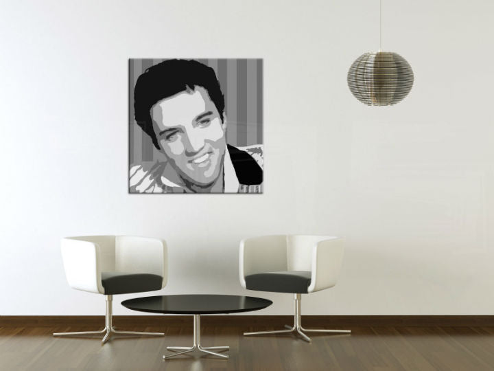 Pop art vászonkép motívummal: Elvis Presley, természet fehér-szürke árnyalatokban felakasztva az enteriőrben nappali számára, rock and roll és dicsőség | Kézzel festett POP Art kép Elvis Presley – enteriőr