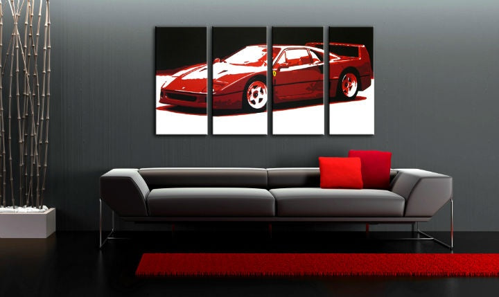 Pop art vászonkép motívummal: FERRARI F40 4 részes fer, autó, természet fehér-piros árnyalatokban felakasztva az enteriőrben nappali számára, luxus hatás – enteriőr