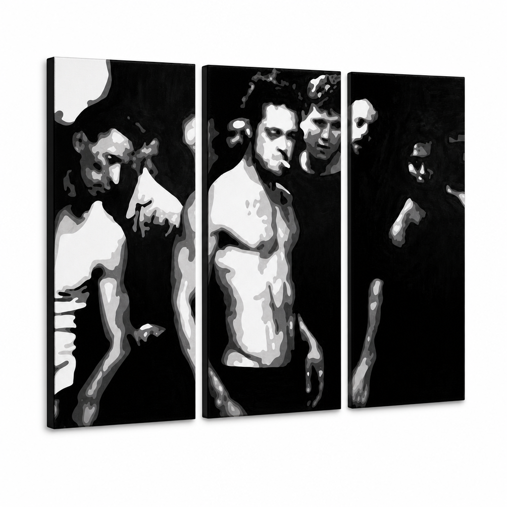 Kézzel festett POP Art festmény Fight Club 3 darab fc – 3D látvány a kézzel festett vászonról fehér háttéren. Domináns színek: fekete, fehér, szürke.