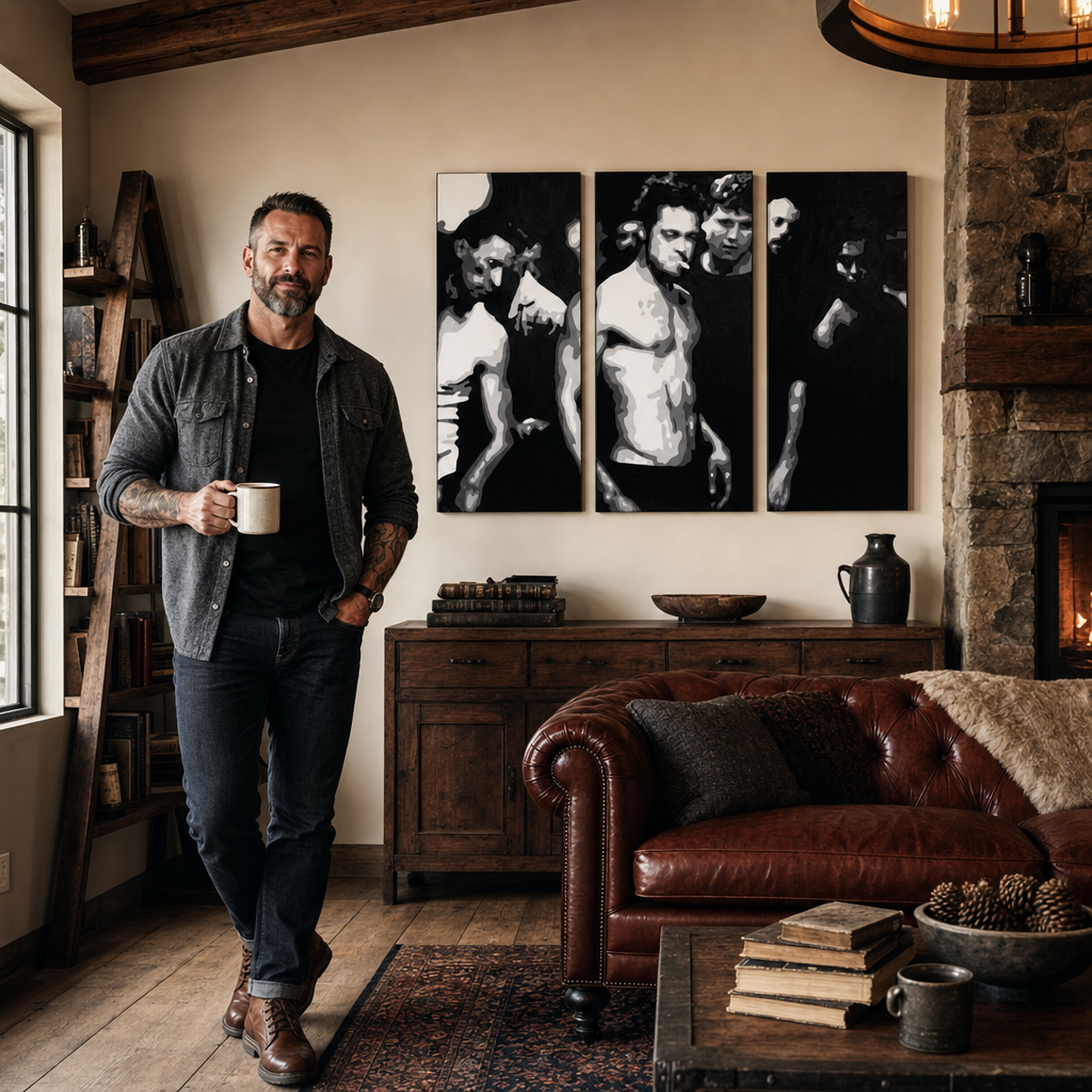 Kézzel festett POP Art festmény Fight Club 3 darab fc – kép modern férfi belső térben, lifestyle vizualizáció. Domináns színek: fekete, fehér, szürke.