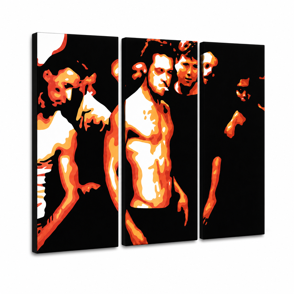 Kézzel festett POP Art festmény Fight Club 3 rész fc2 – 3D látvány a kézzel festett vászonról fehér háttéren. Domináns színek: fekete, narancssárga, fehér.