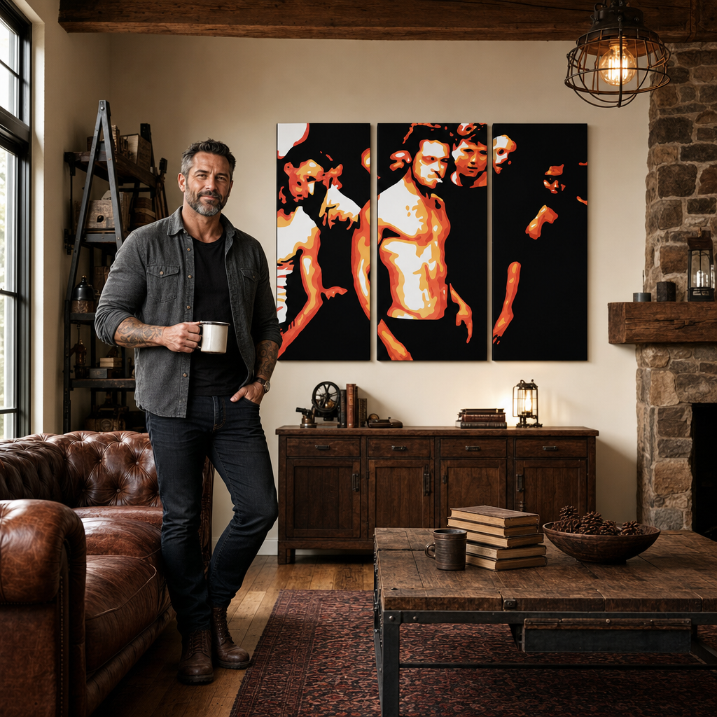 Kézzel festett POP Art festmény Fight Club 3 rész fc2 – kép modern férfi belső térben, lifestyle vizualizáció. Domináns színek: fekete, narancssárga, fehér.