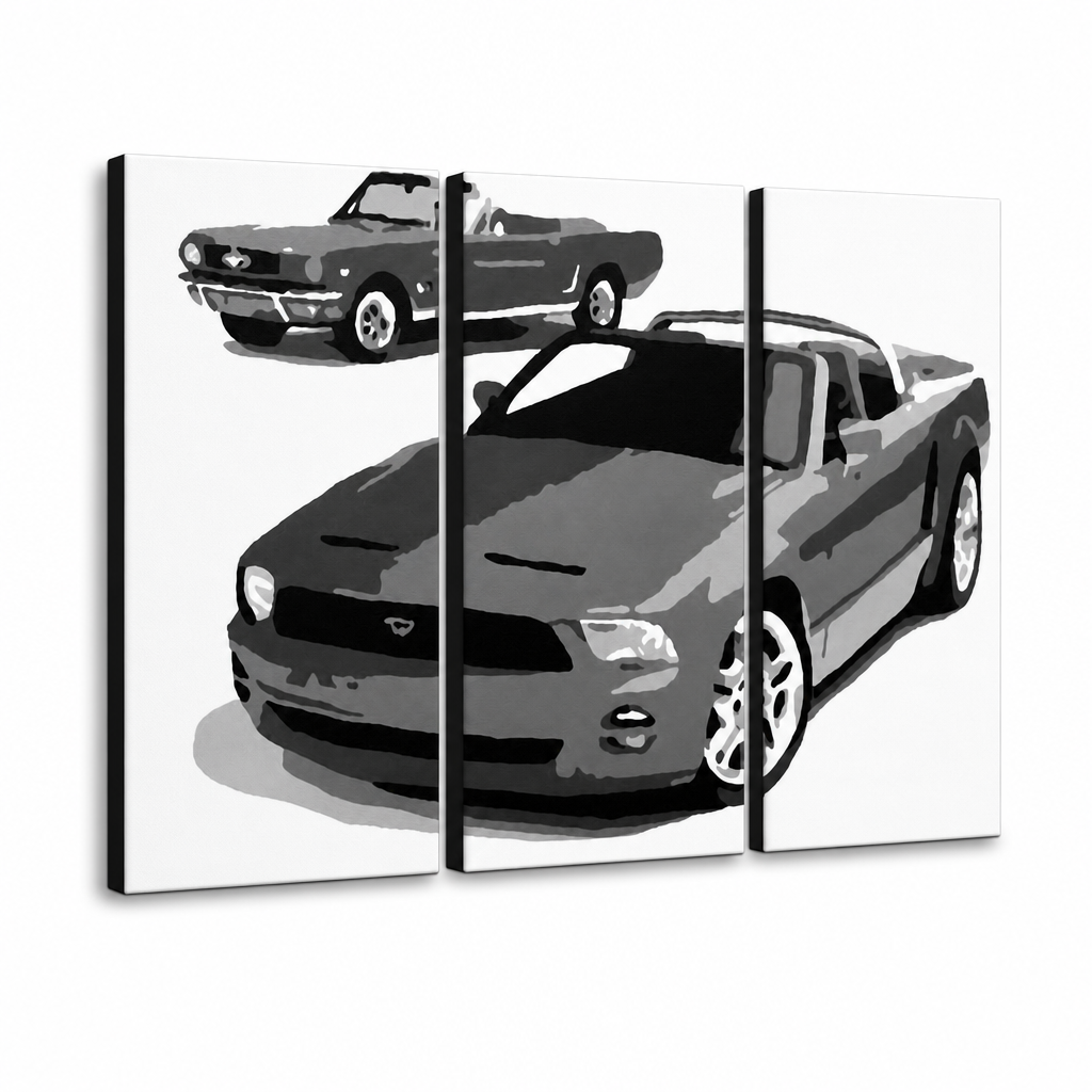 Kézzel festett POP Art festmény FORD MUSTANG 3 darab fm2 – 3D látvány a kézzel festett vászonról fehér háttéren. Domináns színek: fekete, fehér, szürke.