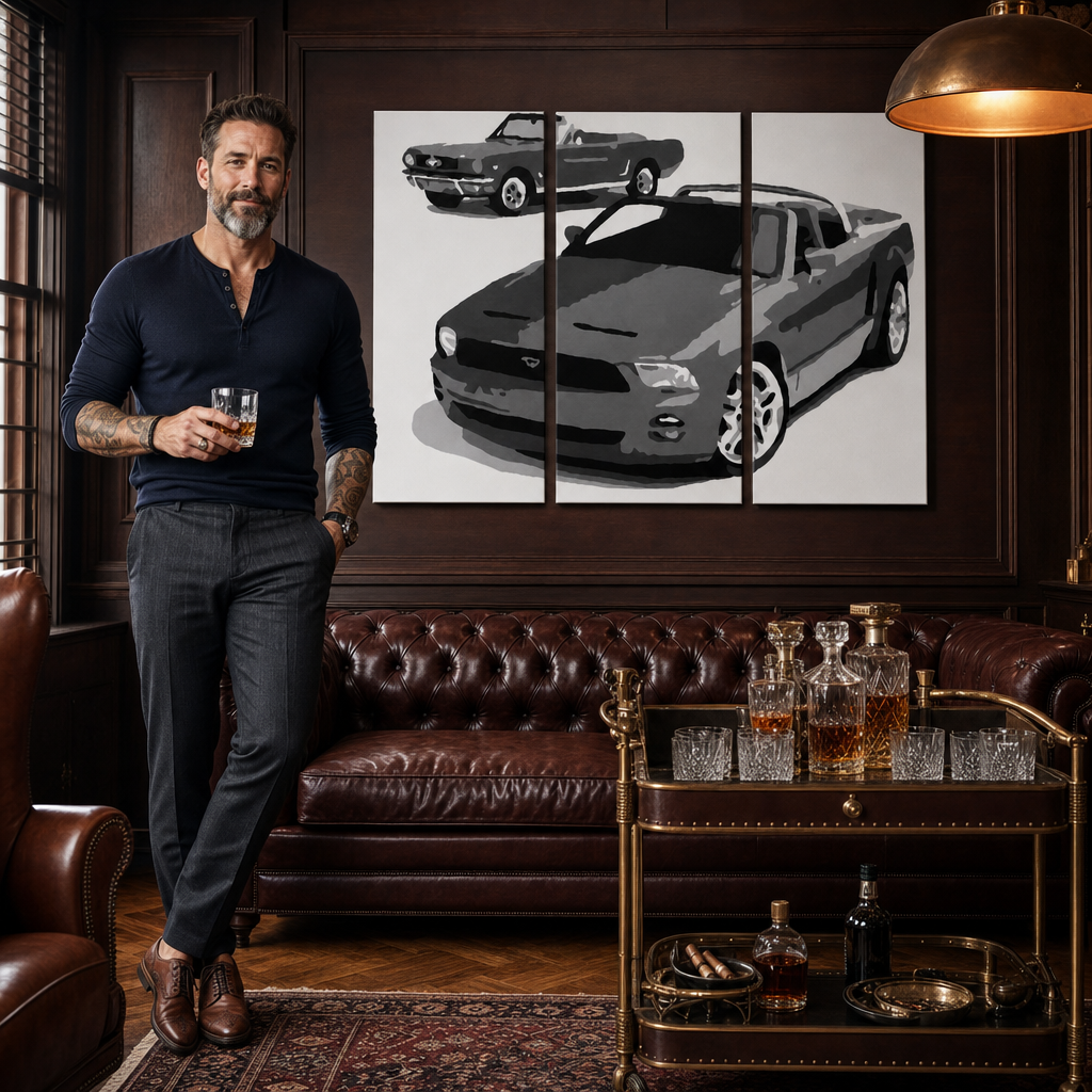 Kézzel festett POP Art festmény FORD MUSTANG 3 darab fm2 – kép modern férfi belső térben, lifestyle vizualizáció. Domináns színek: fekete, fehér, szürke.