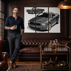Kézzel festett POP Art festmény FORD MUSTANG 3 darab fm2 – kép modern férfi belső térben, lifestyle vizualizáció. Domináns színek: fekete, fehér, szürke.