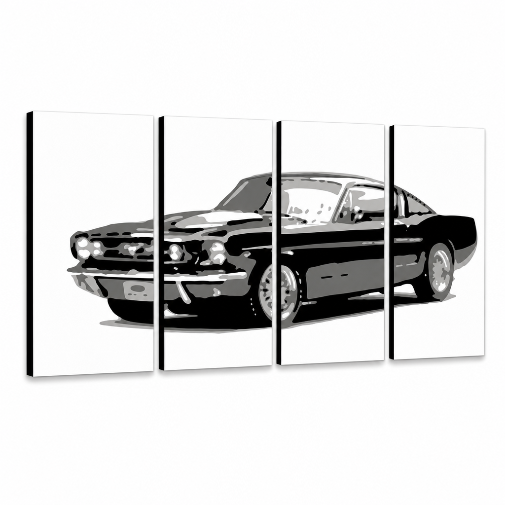 Kézzel festett POP Art festmény Ford Mustang 4 darab fm – 3D látvány a kézzel festett vászonról fehér háttéren. Domináns színek: fekete, szürke, fehér.