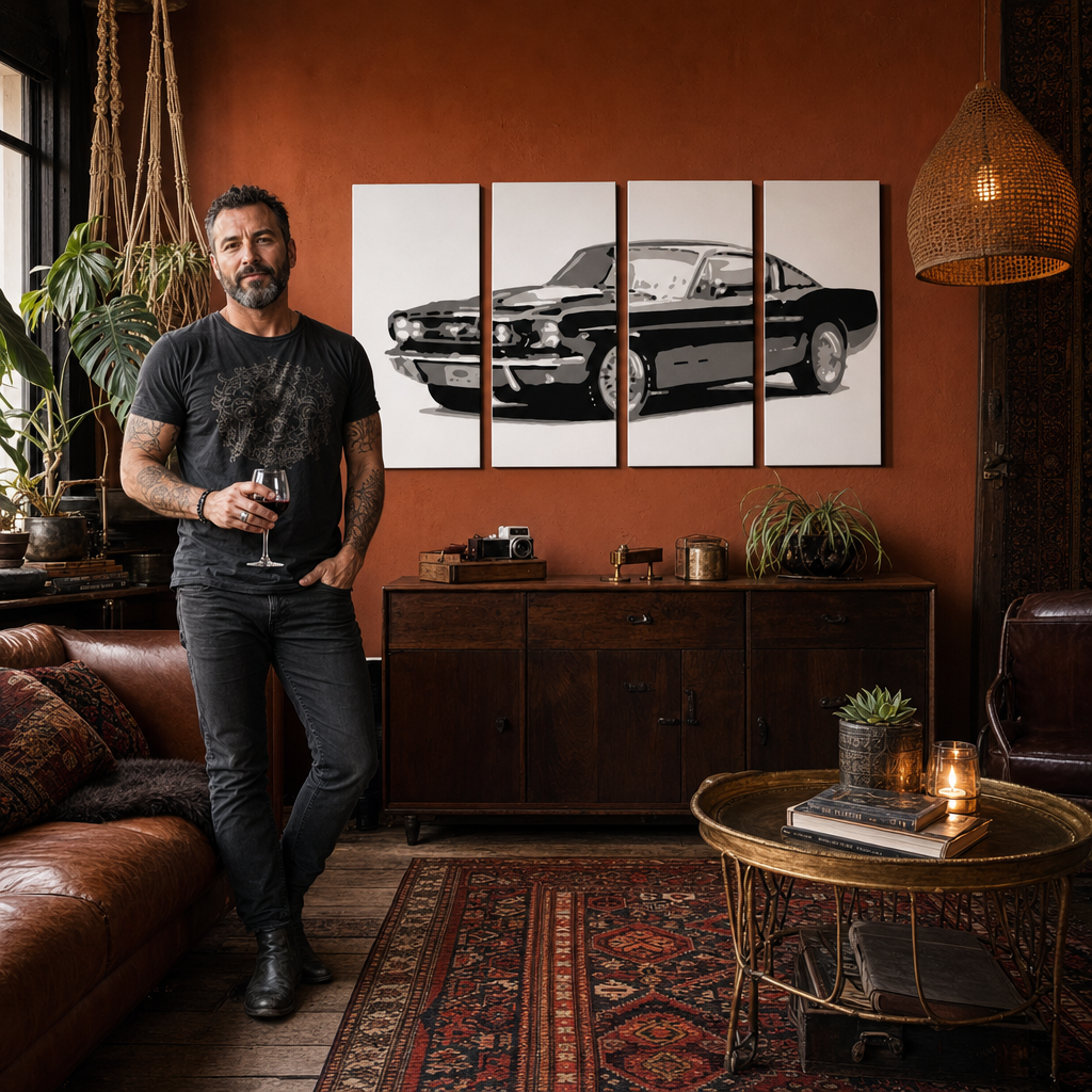 Kézzel festett POP Art festmény Ford Mustang 4 darab fm – kép modern férfi belső térben, lifestyle vizualizáció. Domináns színek: fekete, szürke, fehér.