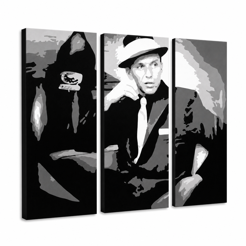 Kézzel festett POP Art festmény Frank Sinatra 3 darab sin – 3D látvány a kézzel festett vászonról fehér háttéren. Domináns színek: fekete, fehér, szürke.