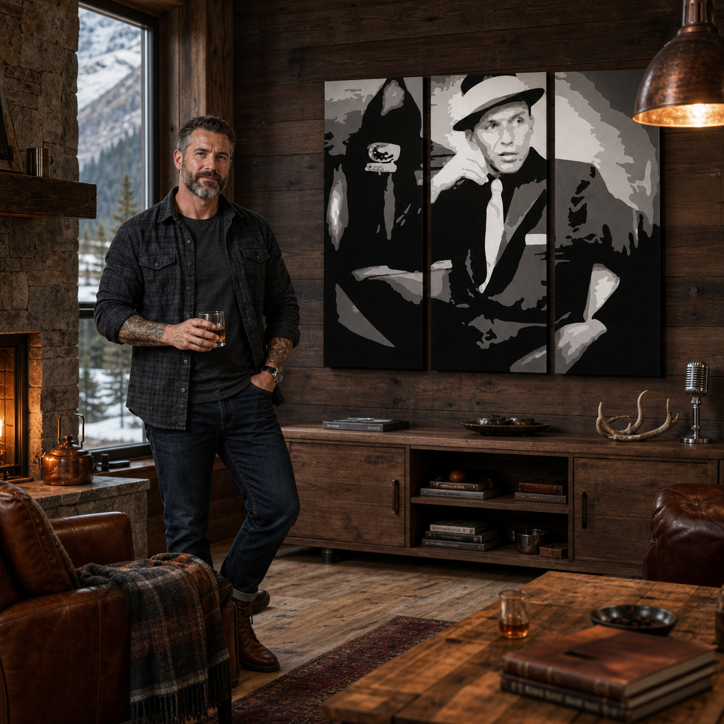 Kézzel festett POP Art festmény Frank Sinatra 3 darab sin – kép modern férfi belső térben, lifestyle vizualizáció. Domináns színek: fekete, fehér, szürke.