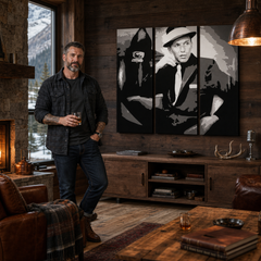 Kézzel festett POP Art festmény Frank Sinatra 3 darab sin – kép modern férfi belső térben, lifestyle vizualizáció. Domináns színek: fekete, fehér, szürke.