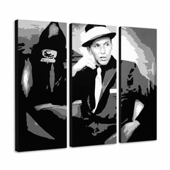 Kézzel festett POP Art festmény Frank Sinatra 3 darab sin – 3D látvány a kézzel festett vászonról fehér háttéren. Domináns színek: fekete, fehér, szürke.