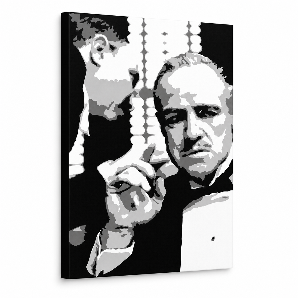 Kézzel festett POP Art festmény GODFATHER 1 db gfoh – 3D látvány a kézzel festett vászonról fehér háttéren. Domináns színek: fekete, fehér, szürke.