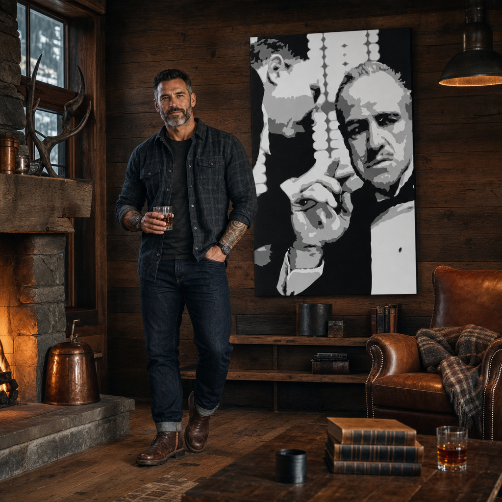 Kézzel festett POP Art festmény GODFATHER 1 db gfoh – kép modern férfi belső térben, lifestyle vizualizáció. Domináns színek: fekete, fehér, szürke.