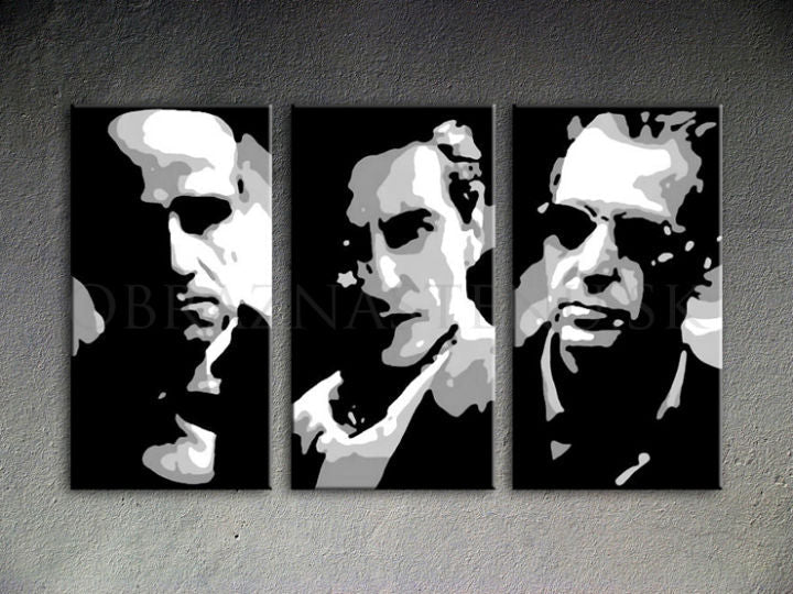 Kézzel festett vászonkép motívummal: GODFATHER fekete-fehér árnyalatokban, drámai hangulat, minimalizmus | Kézzel festett POP Art kép GODFATHER – termék [YOBPPGOD2-120X80-24H]
