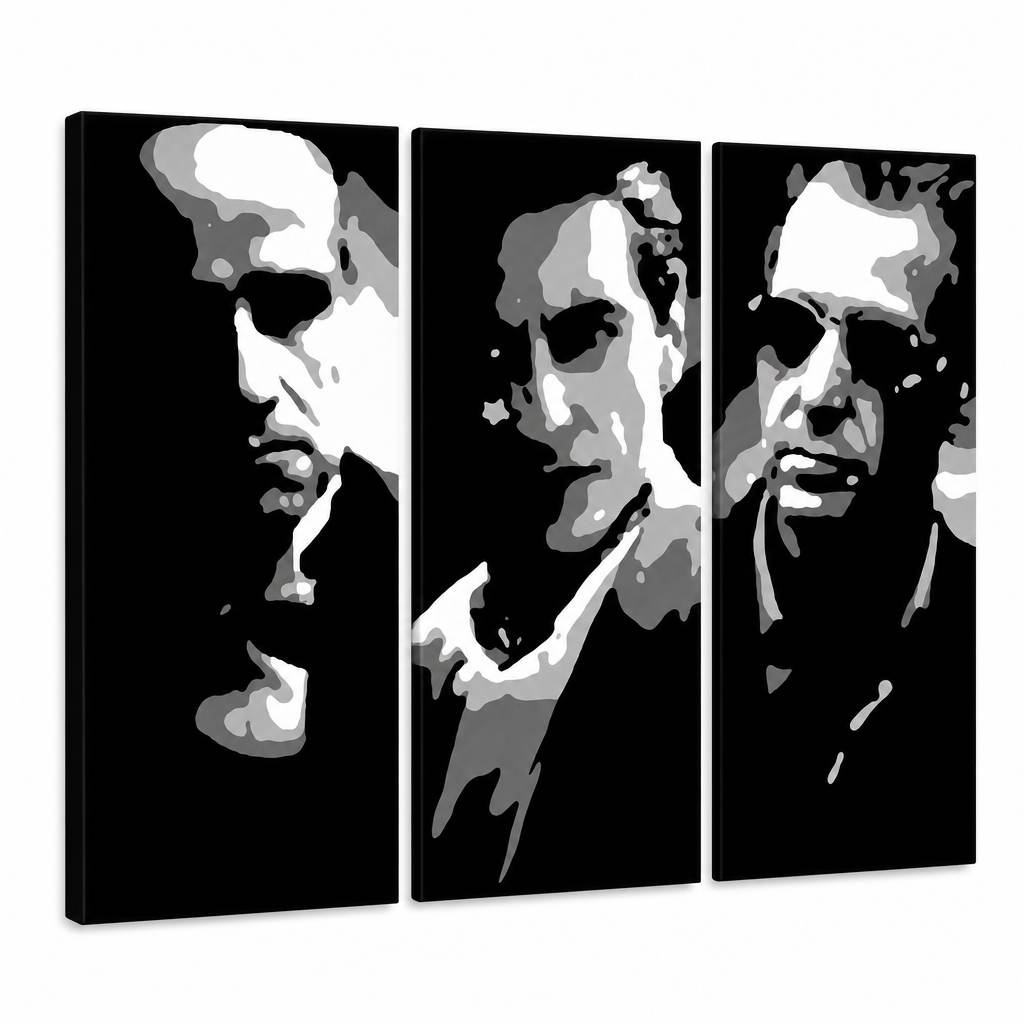 Kézzel festett POP Art festmény GODFATHER 3 darab god2 – 3D látvány a kézzel festett vászonról fehér háttéren. Domináns színek: fekete, fehér, szürke.