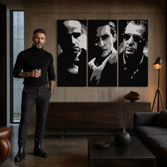 Kézzel festett POP Art festmény GODFATHER 3 darab god2 – kép modern férfi belső térben, lifestyle vizualizáció. Domináns színek: fekete, fehér, szürke.