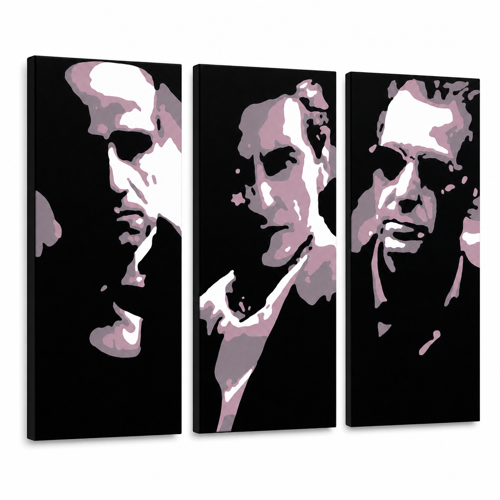 Kézzel festett POP Art festmény GODFATHER 3 darab god3 – 3D látvány a kézzel festett vászonról fehér háttéren. Domináns színek: fekete, rózsaszín, fehér.