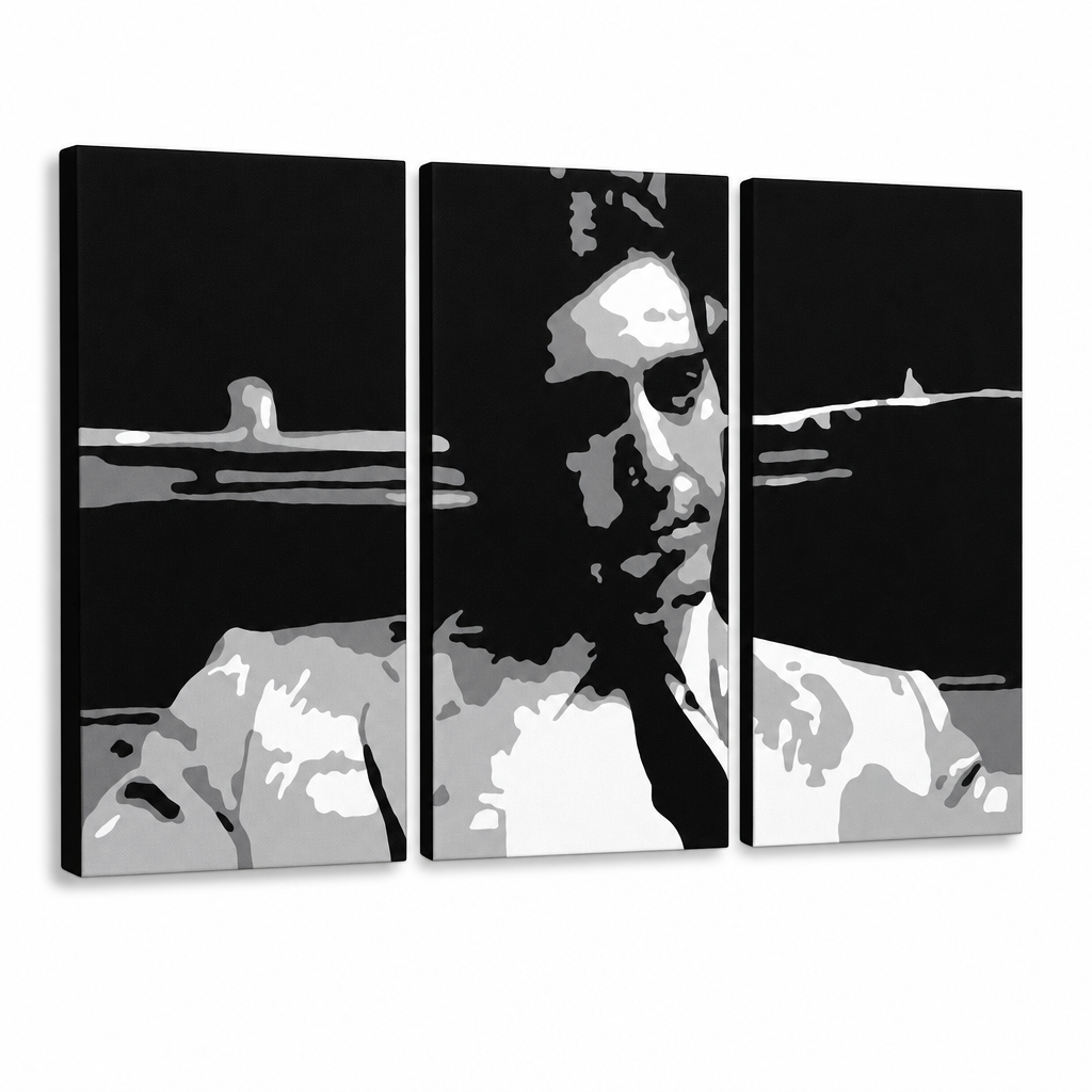 Kézzel festett POP Art festmény GODFATHER 3 darab god6 – 3D látvány a kézzel festett vászonról fehér háttéren. Domináns színek: fekete, fehér, szürke.