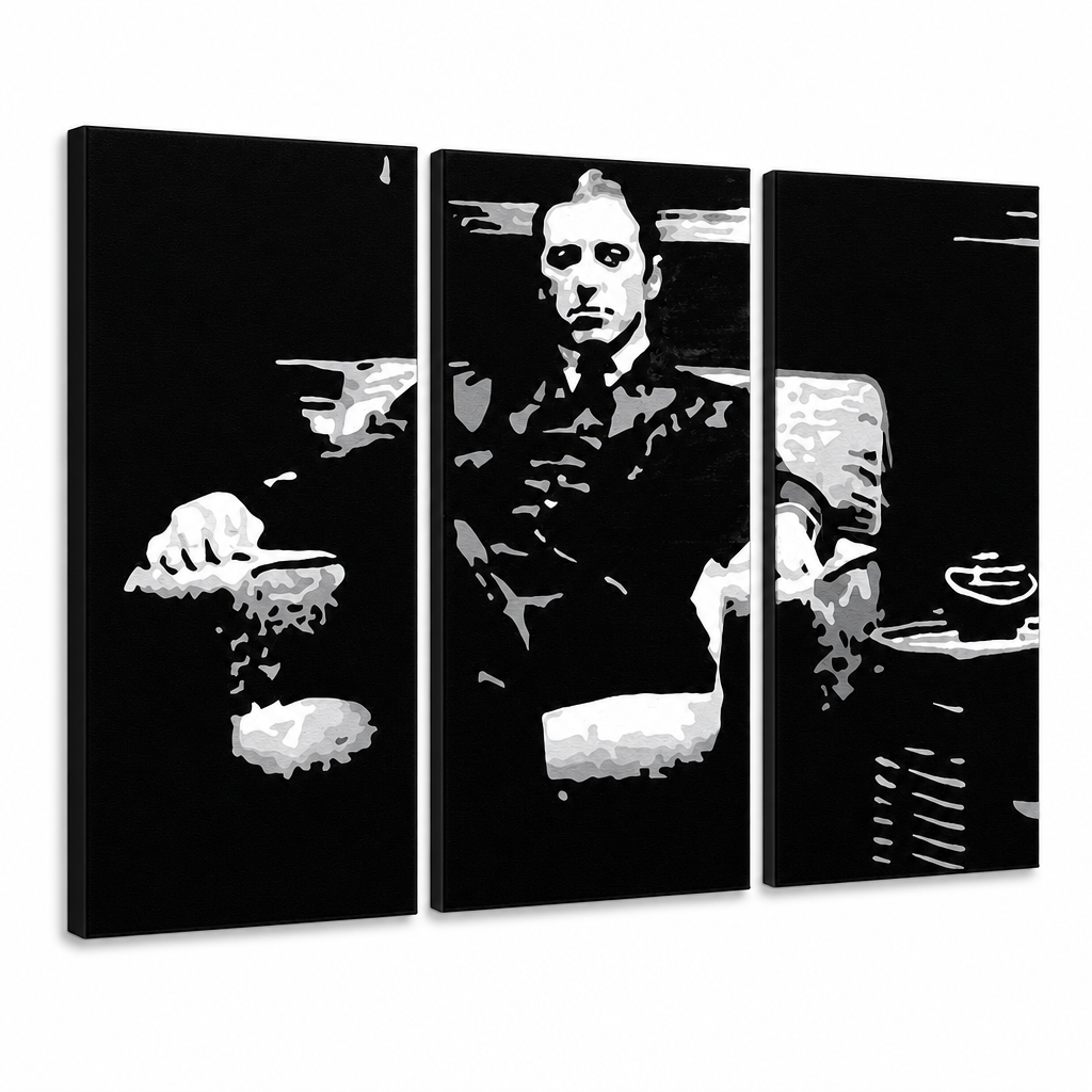 Kézzel festett POP Art festmény GODFATHER 3 darab god8 – 3D látvány a kézzel festett vászonról fehér háttéren. Domináns színek: fekete, fehér, szürke.