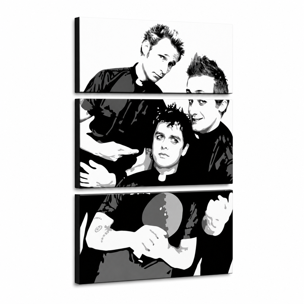 Kézzel festett POP Art festmény Green Day 3 darab gd – 3D látvány a kézzel festett vászonról fehér háttéren. Domináns színek: fekete, fehér, szürke.