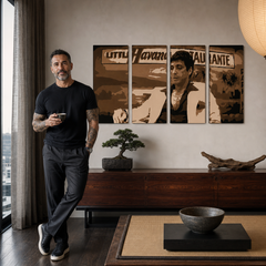 Kézzel festett POP Art festmény HAVANA - AL PACINO 4 db al17 – kép modern férfi belső térben, lifestyle vizualizáció. Domináns színek: barna, bézs, fekete.