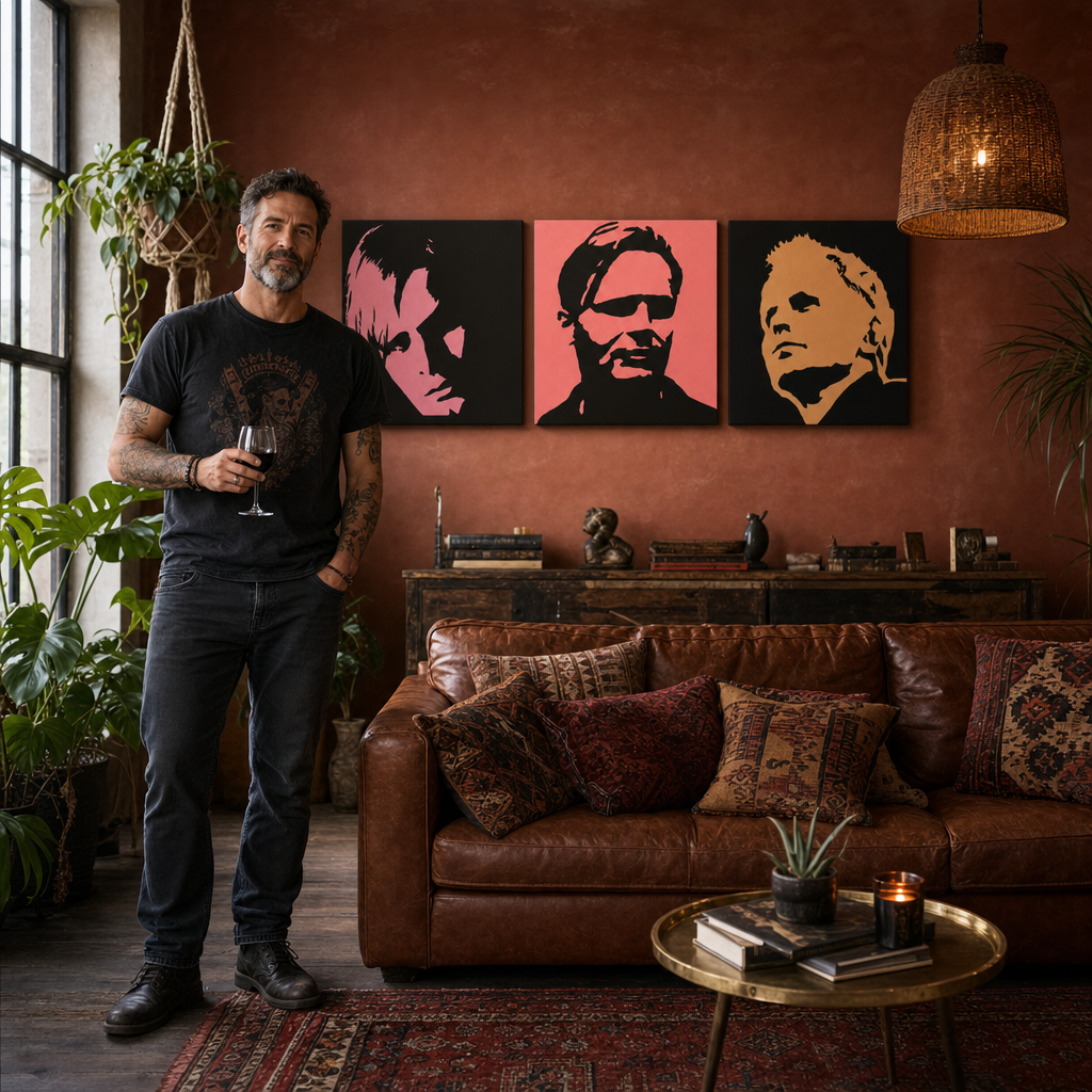 Kézzel festett POP Art festmény Herbert Grônemeyer 3 darab hg – kép modern férfi belső térben, lifestyle vizualizáció. Domináns színek: fekete, rózsaszín, narancssárga.