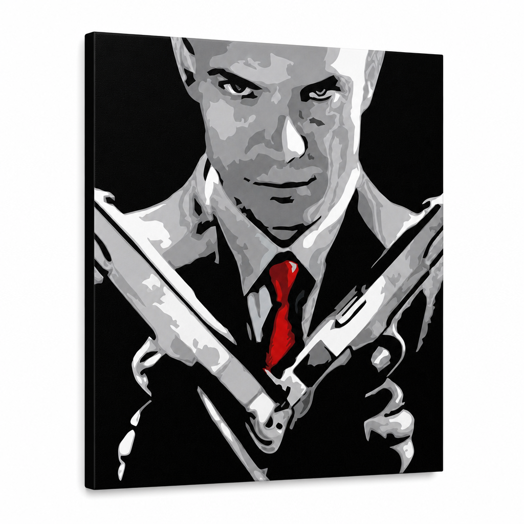 Kézzel festett POP Art festmény HITMAN 1 rész hit2 – 3D látvány a kézzel festett vászonról fehér háttéren. Domináns színek: fekete, fehér, piros, szürke, barna.