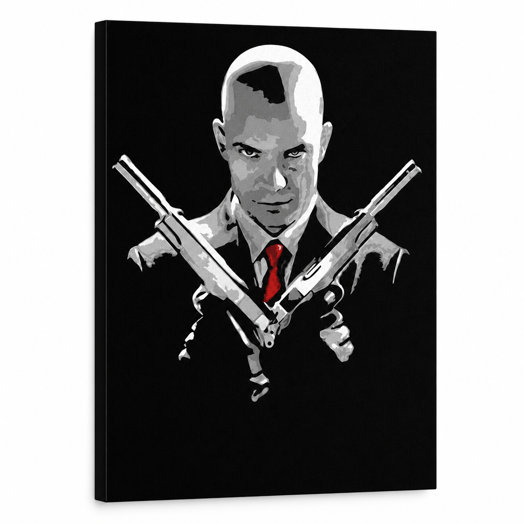 Kézzel festett POP Art festmény HITMAN hit – 3D látvány a kézzel festett vászonról fehér háttéren. Domináns színek: fekete, piros, szürke.