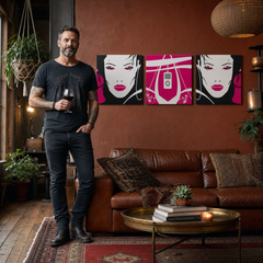 Kézzel festett POP Art festmény I-GIRL 3 darab pw – kép modern férfi belső térben, lifestyle vizualizáció. Domináns színek: rózsaszín, fekete, fehér, szürke.