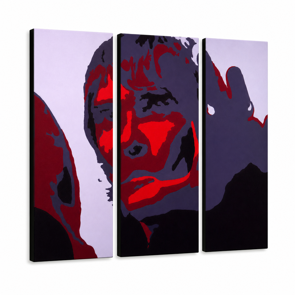 Kézzel festett POP Art festmény Ian Brown 3 db ib – 3D látvány a kézzel festett vászonról fehér háttéren. Domináns színek: fekete, piros, szürke.