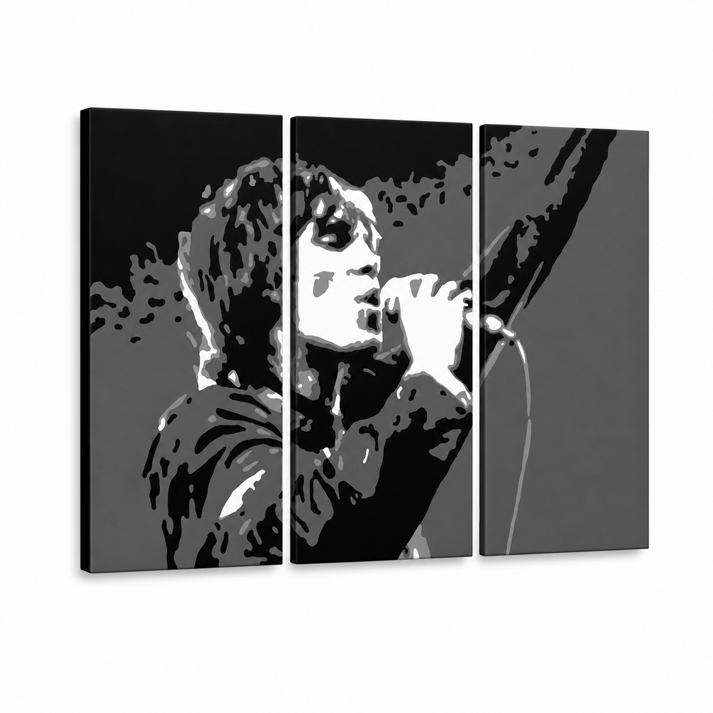 Kézzel festett POP Art festmény Ian Brown 3 db ib2 – 3D látvány a kézzel festett vászonról fehér háttéren. Domináns színek: fekete, fehér, szürke.