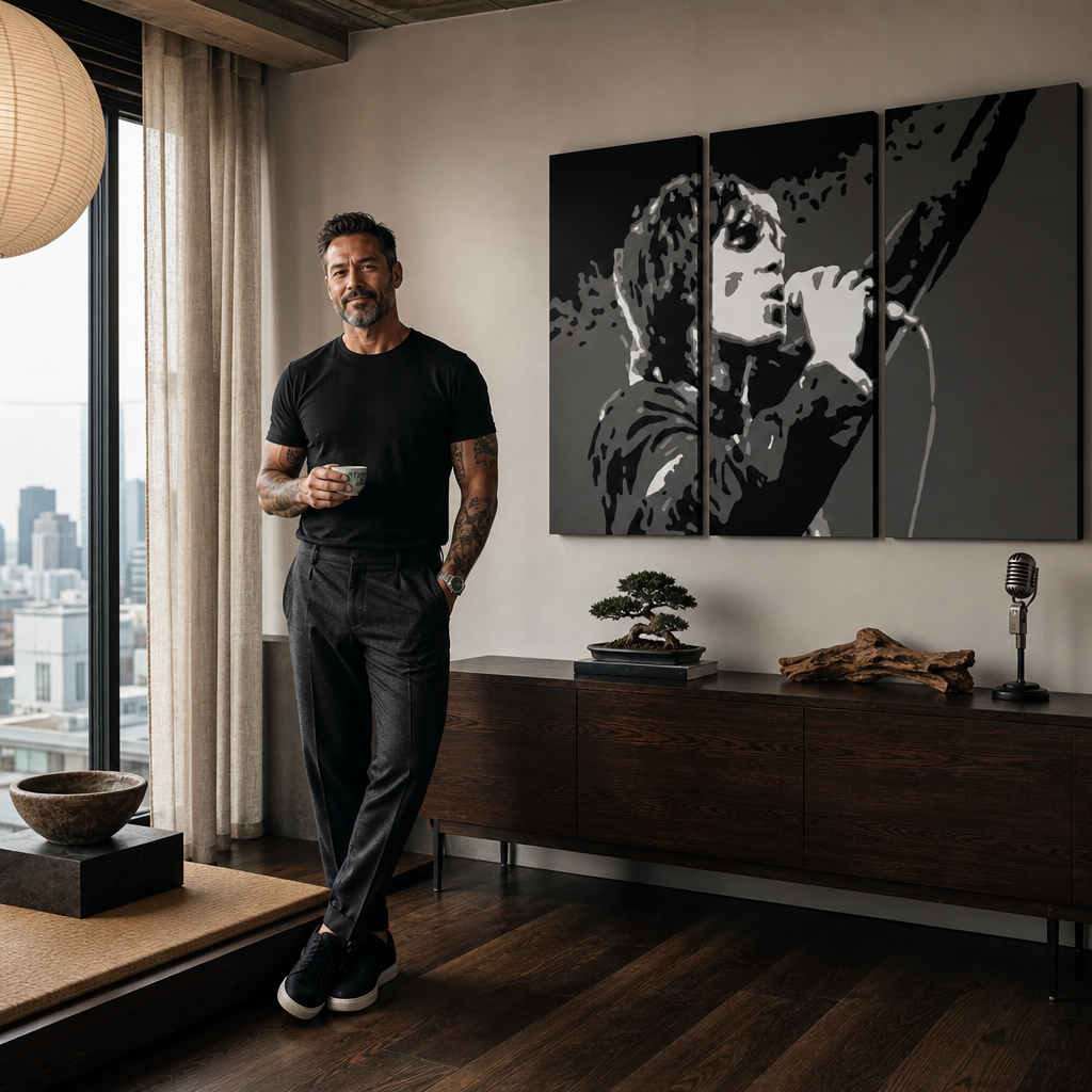 Kézzel festett POP Art festmény Ian Brown 3 db ib2 – kép modern férfi belső térben, lifestyle vizualizáció. Domináns színek: fekete, fehér, szürke.