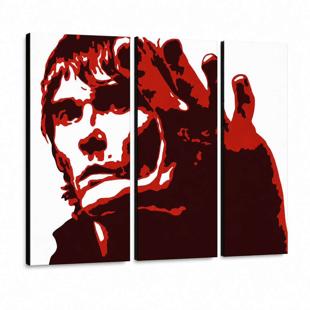 Kézzel festett POP Art festmény Ian Brown 3 db ib3 – 3D látvány a kézzel festett vászonról fehér háttéren. Domináns színek: piros, fekete, fehér.
