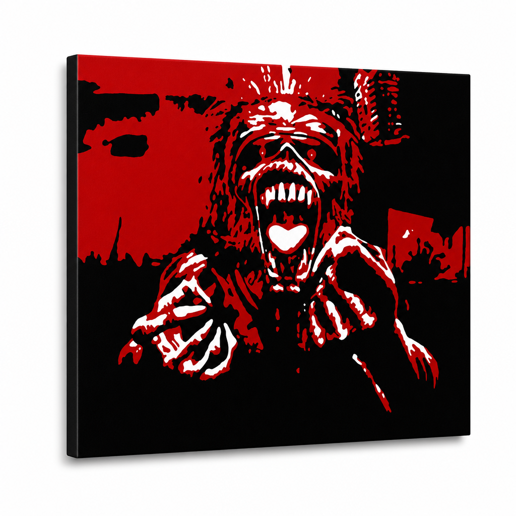 Kézzel festett POP Art festmény Iron Maiden 1 db im – 3D látvány a kézzel festett vászonról fehér háttéren. Domináns színek: piros, fekete, fehér.