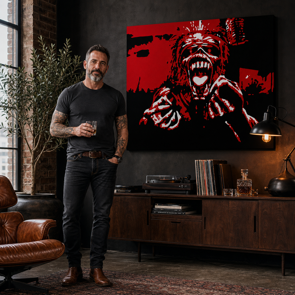 Kézzel festett POP Art festmény Iron Maiden 1 db im – kép modern férfi belső térben, lifestyle vizualizáció. Domináns színek: piros, fekete, fehér.