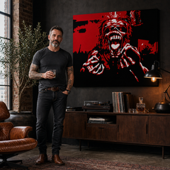 Kézzel festett POP Art festmény Iron Maiden 1 db im – kép modern férfi belső térben, lifestyle vizualizáció. Domináns színek: piros, fekete, fehér.