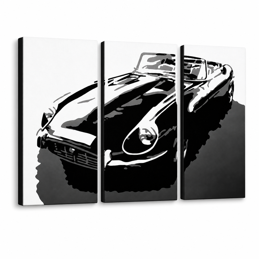Kézzel festett POP Art festmény JAGUAR 3 darabos jag – 3D látvány a kézzel festett vászonról fehér háttéren. Domináns színek: fekete, fehér, szürke.