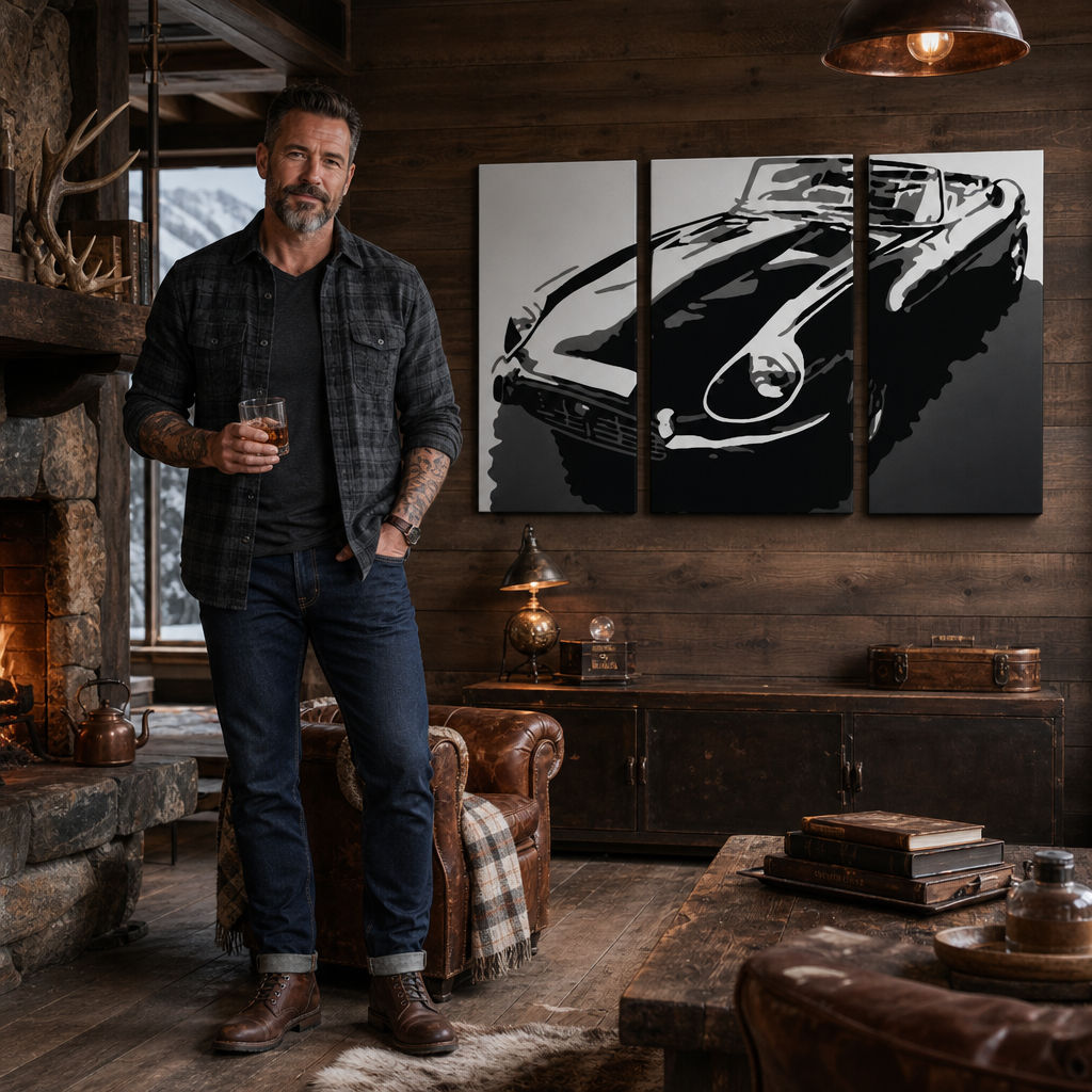 Kézzel festett POP Art festmény JAGUAR 3 darabos jag – kép modern férfi belső térben, lifestyle vizualizáció. Domináns színek: fekete, fehér, szürke.