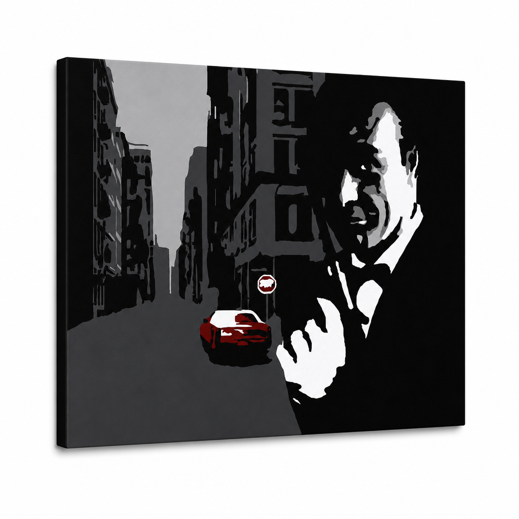 Kézzel festett POP Art festmény James Bond 1 rész bond3 – 3D látvány a kézzel festett vászonról fehér háttéren. Domináns színek: fekete, szürke, piros.