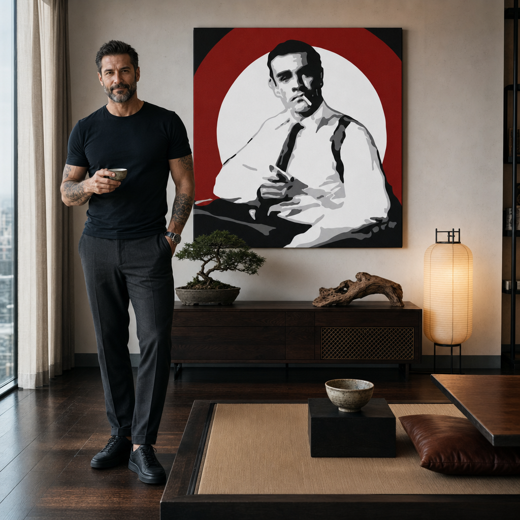 Kézzel festett POP Art festmény James Bond 1 rész bond4 – kép modern férfi belső térben, lifestyle vizualizáció. Domináns színek: fekete, fehér, piros.