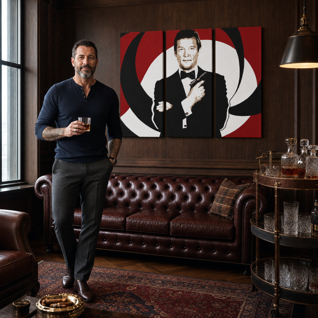 Kézzel festett POP Art festmény James Bond 3 darab Bond – kép modern férfi belső térben, lifestyle vizualizáció. Domináns színek: fekete, piros, fehér.