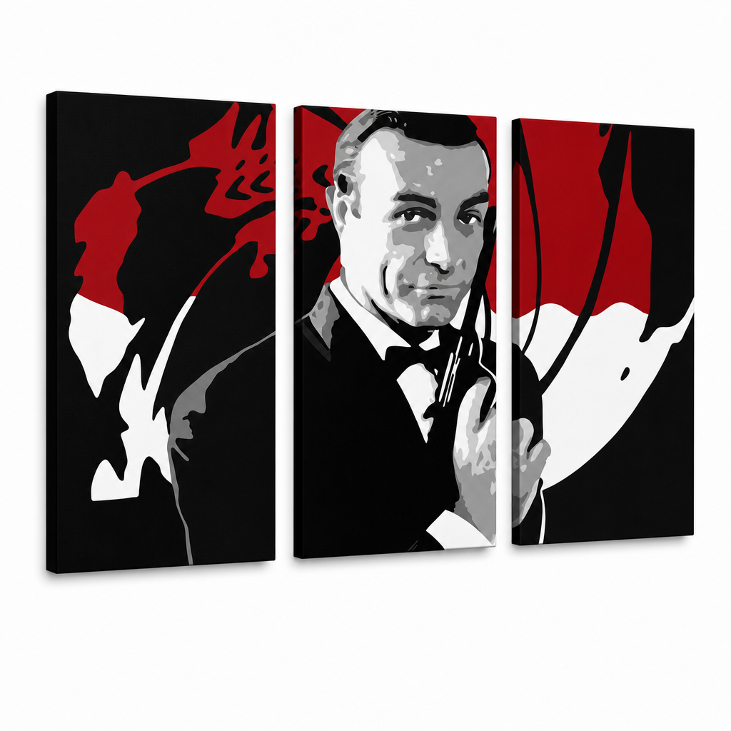 Kézzel festett POP Art festmény James Bond 3 rész bond2 – 3D látvány a kézzel festett vászonról fehér háttéren. Domináns színek: fekete, piros, fehér.