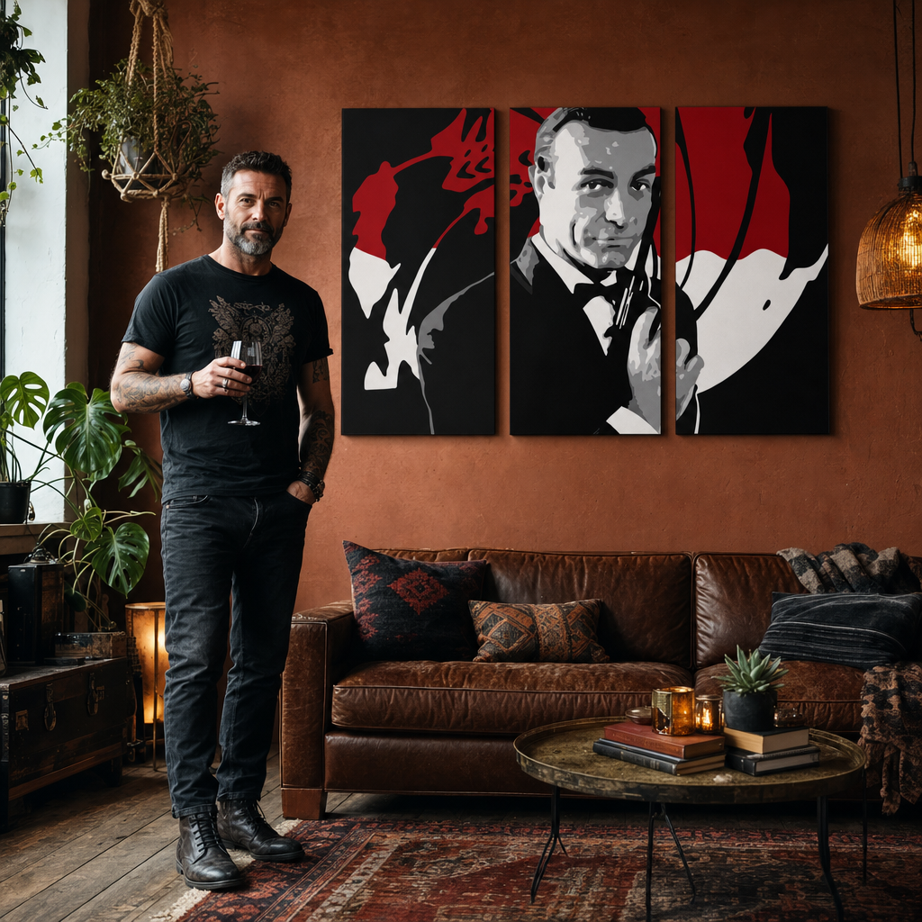 Kézzel festett POP Art festmény James Bond 3 rész bond2 – kép modern férfi belső térben, lifestyle vizualizáció. Domináns színek: fekete, piros, fehér.