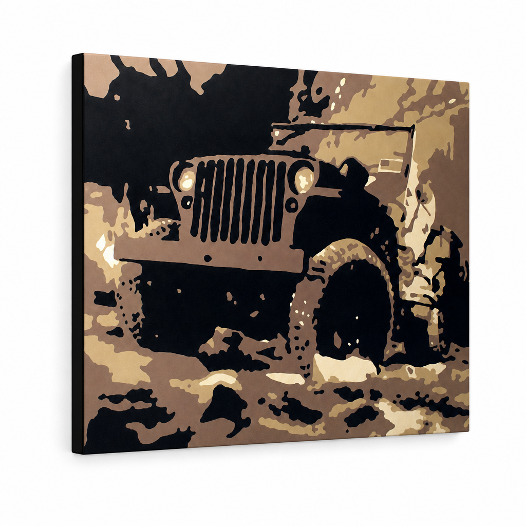 Kézzel festett POP Art festmény JEEP 1 db jeep – 3D látvány a kézzel festett vászonról fehér háttéren. Domináns színek: barna, fekete, bézs, arany.