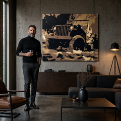 Kézzel festett POP Art festmény JEEP 1 db jeep – kép modern férfi belső térben, lifestyle vizualizáció. Domináns színek: barna, fekete, bézs, arany.