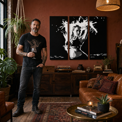 Kézzel festett POP Art festmény Jessica Alba 3 darab önálló – kép modern férfi belső térben, lifestyle vizualizáció. Domináns színek: fekete, fehér.