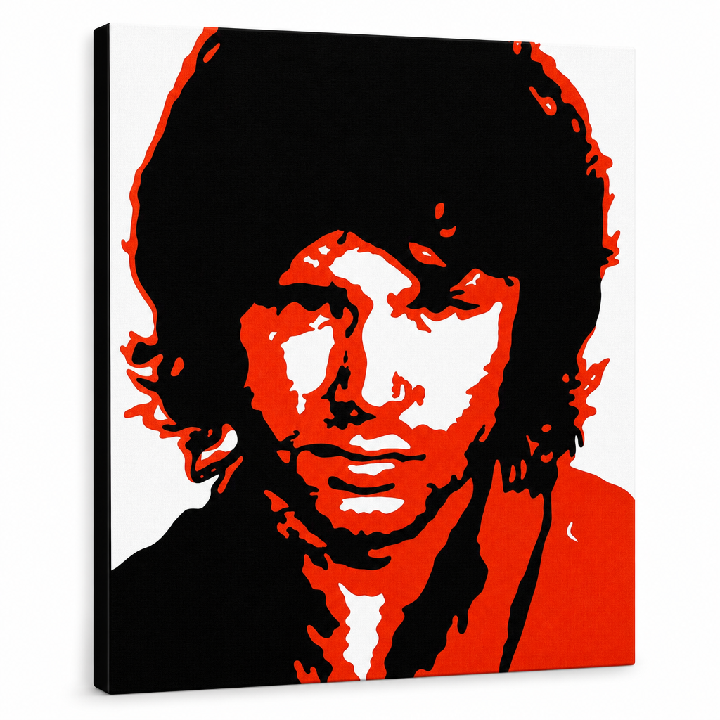 Kézzel festett POP Art festmény Jim Morrison 1 db jm2 – 3D látvány a kézzel festett vászonról fehér háttéren. Domináns színek: fekete, piros, fehér.