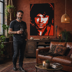 Kézzel festett POP Art festmény Jim Morrison 1 db jm2 – kép modern férfi belső térben, lifestyle vizualizáció. Domináns színek: fekete, piros, fehér.