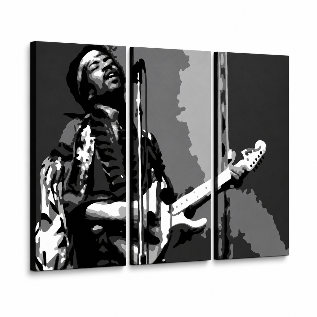 Kézzel festett POP Art festmény Jimmy Hendrix 3 darab jh – 3D látvány a kézzel festett vászonról fehér háttéren. Domináns színek: fekete, fehér, szürke.